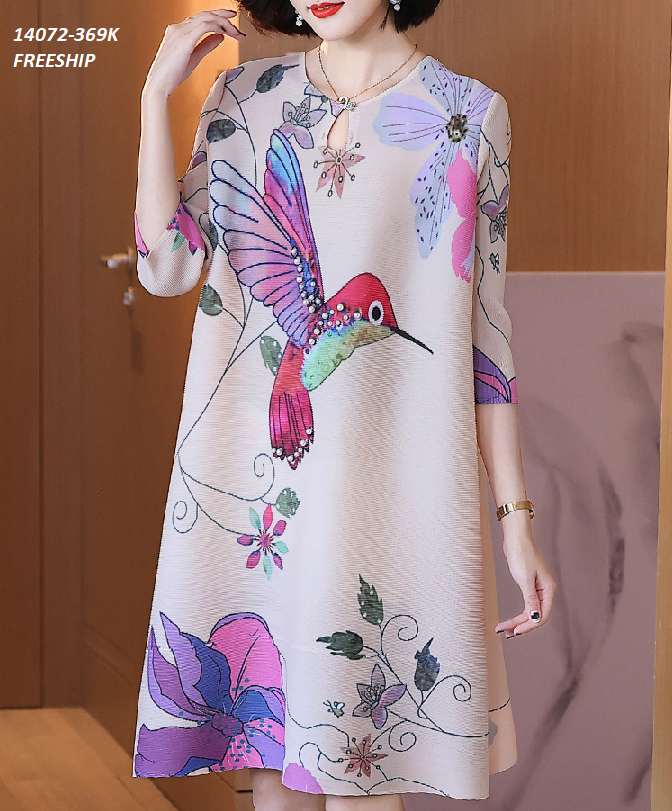 14072-Đầm suông A tay lở cổ  giọt nước in họa tiết chim (vải phô in)FREESHIP_thumbnail_1