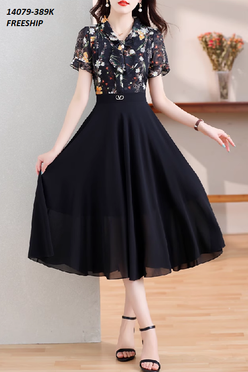 14079-Đầm voan xòe tay ngắn cố thắt nơ in hoa (voan, lót thun)FREESHIP_14079_thumbnail_0