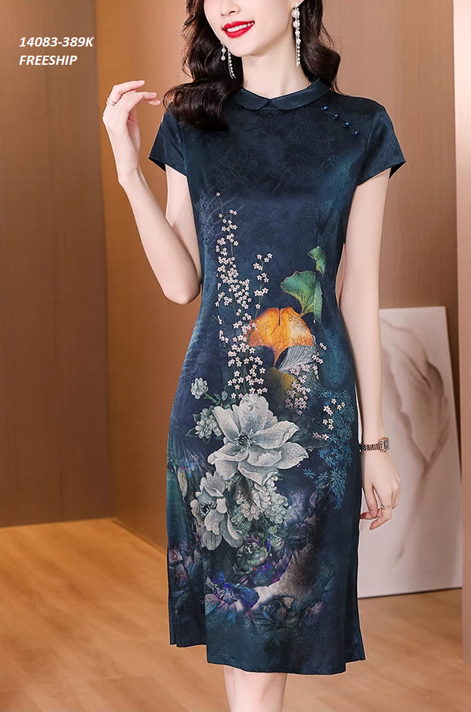 14083-Đầm suông xẻ tà cổ tàu in hoa cách điệu ( vải satin in)FREESHIP_thumbnail_1