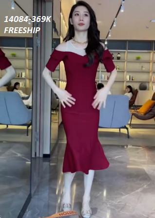 14084-Đầm body đuôi cá khoét vai phối viền bèo (lụa chéo ý,tơ nhung trắng)FREESHIP_thumbnail_0