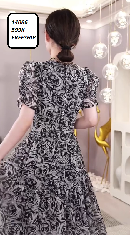 14086-Đầm maxi cổ V tay  nhún cách điệu in hoa ( voan, lót thun)FREESHIP_thumbnail_2