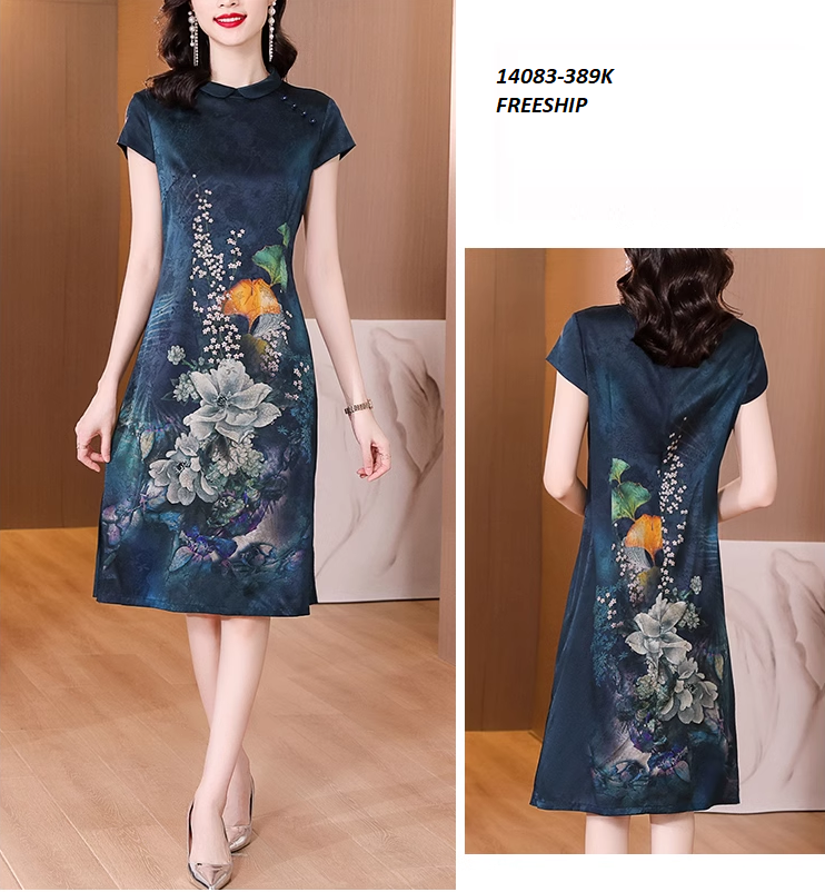 14083-Đầm suông xẻ tà cổ tàu in hoa cách điệu ( vải satin in)FREESHIP_thumbnail_0