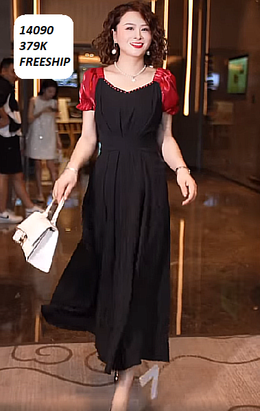 14090-Đầm dài phối tay ngắn phồng đỏ cổ kết hạt (lụa chéo, lụa ánh kim)FREESHIP_thumbnail_1