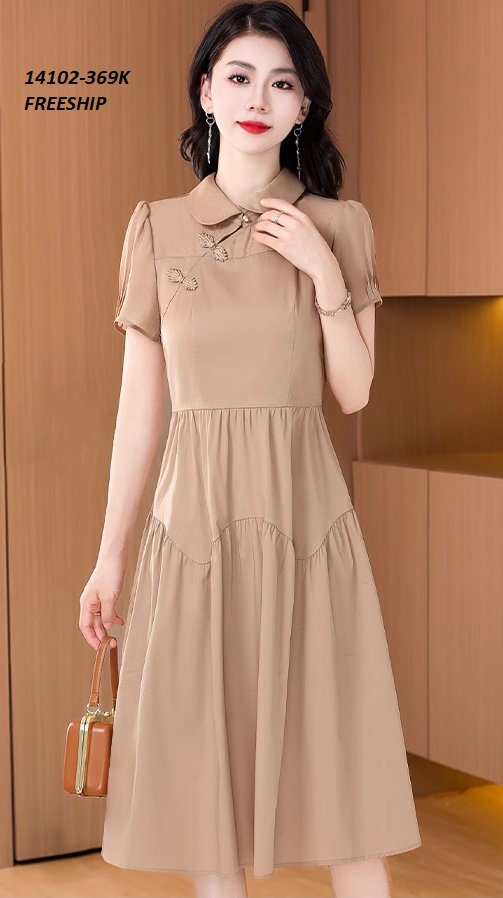 14102-Đầm xòe tay ngắn cổ sen kết nút cách điệu (vải kaki lụa)FREESHIP_thumbnail_0