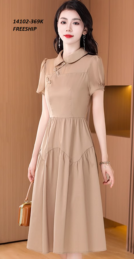 14102-Đầm xòe tay ngắn cổ sen kết nút cách điệu (vải kaki lụa)FREESHIP_thumbnail_2