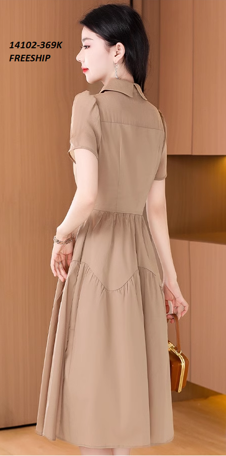 14102-Đầm xòe tay ngắn cổ sen kết nút cách điệu (vải kaki lụa)FREESHIP_thumbnail_1