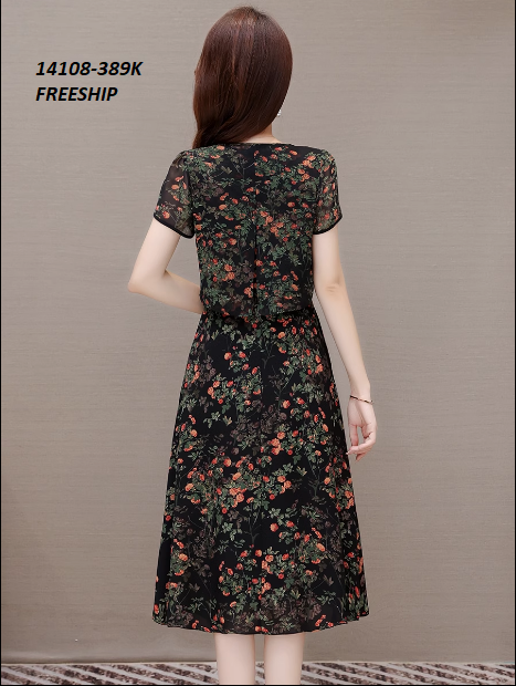14108-Đầm xòe tay ngắn in hoa cổ bèo sen thắt nơ (voan in, lót thun)FREESHIP_thumbnail_1