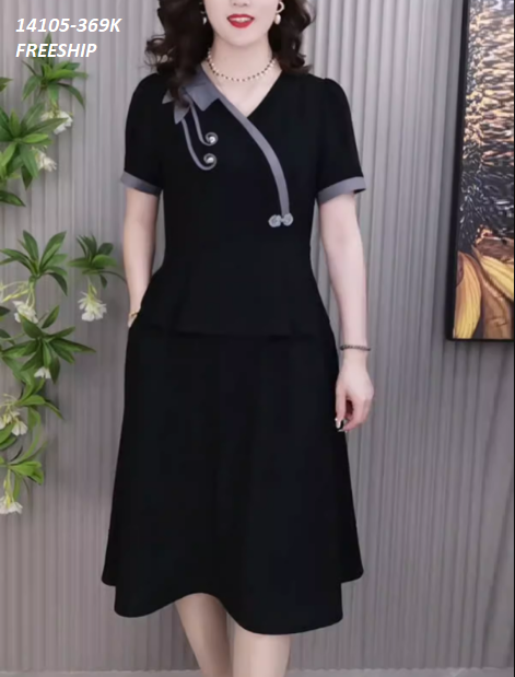 14105-Đầm xòe  phối viền cổ họa tiết 1 bên (FREESHIP)_thumbnail_1