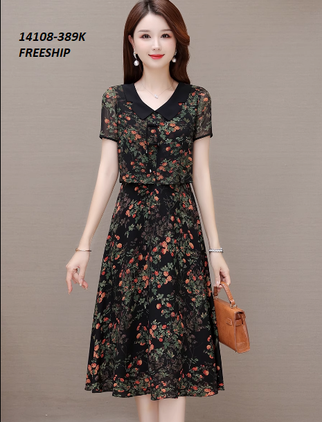 14108-Đầm xòe tay ngắn in hoa cổ bèo sen thắt nơ (voan in, lót thun)FREESHIP_thumbnail_0