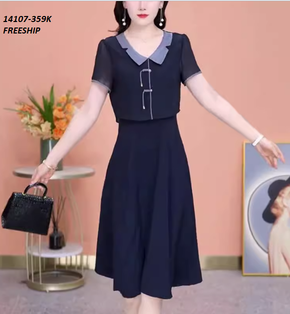 14107-Đầm xòe tay ngắn cổ sen kết nút cách điệu (lụa mịn, lót thun)FREESHIP_thumbnail_0