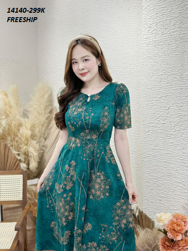 14140-Đầm xòe họa tiết hoa phối cổ giọt nước đính nút (lụa mango)FREESHIP_thumbnail_2