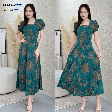 14141-Đầm maxi tay phồng họa tiết cổ vuông (lụa mango)FREESHIP_thumbnail_0