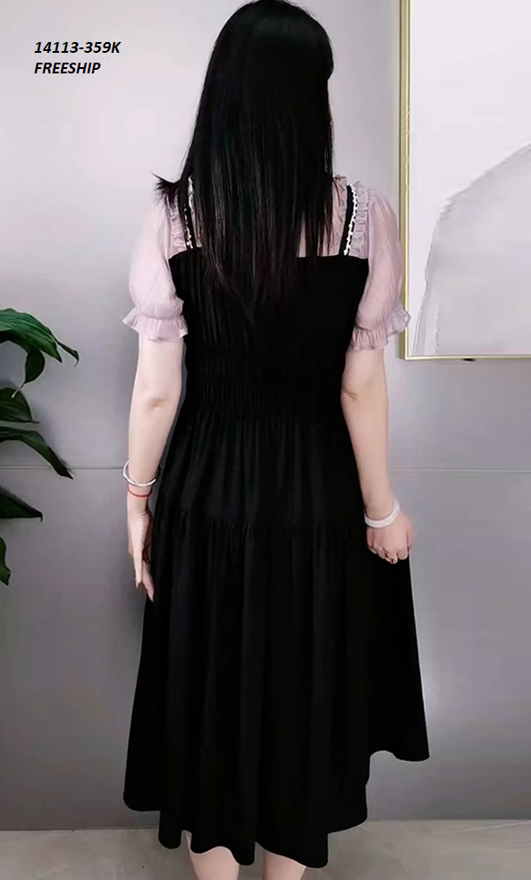 14113-Đầm xòe tay ngắn phối viền ren nhún cách điệu (lụa mịn, lụa ánh kim)FREESHIP_thumbnail_1