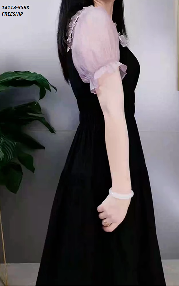 14113-Đầm xòe tay ngắn phối viền ren nhún cách điệu (lụa mịn, lụa ánh kim)FREESHIP_thumbnail_3