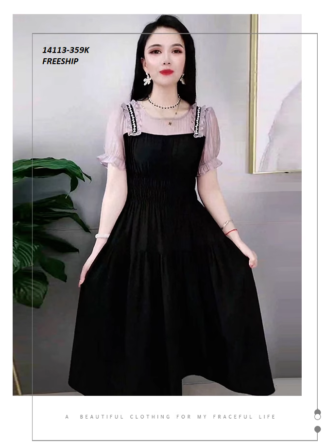 14113-Đầm xòe tay ngắn phối viền ren nhún cách điệu (lụa mịn, lụa ánh kim)FREESHIP_thumbnail_2