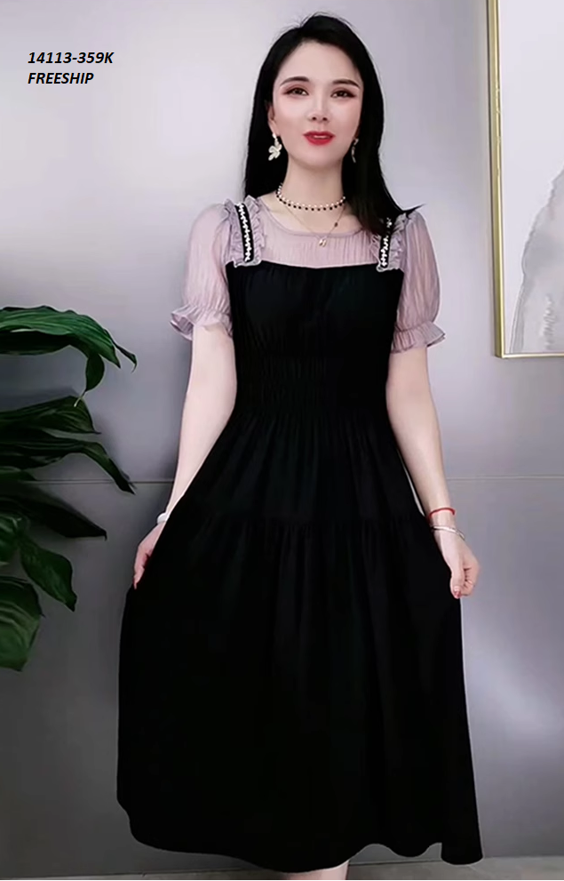 14113-Đầm xòe tay ngắn phối viền ren nhún cách điệu (lụa mịn, lụa ánh kim)FREESHIP_thumbnail_0