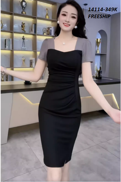 14114-Đầm body tay ngắn cổ vuông thân xếp nhún (thun poly,tơ nhung)FREESHIP_thumbnail_0