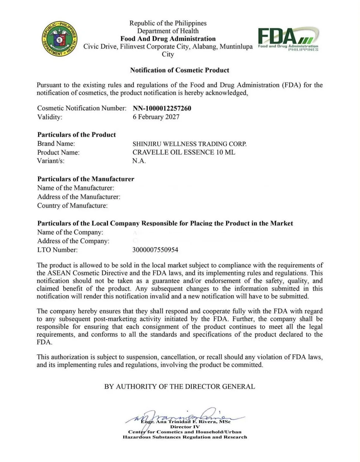 Cravelle FDA notification scan