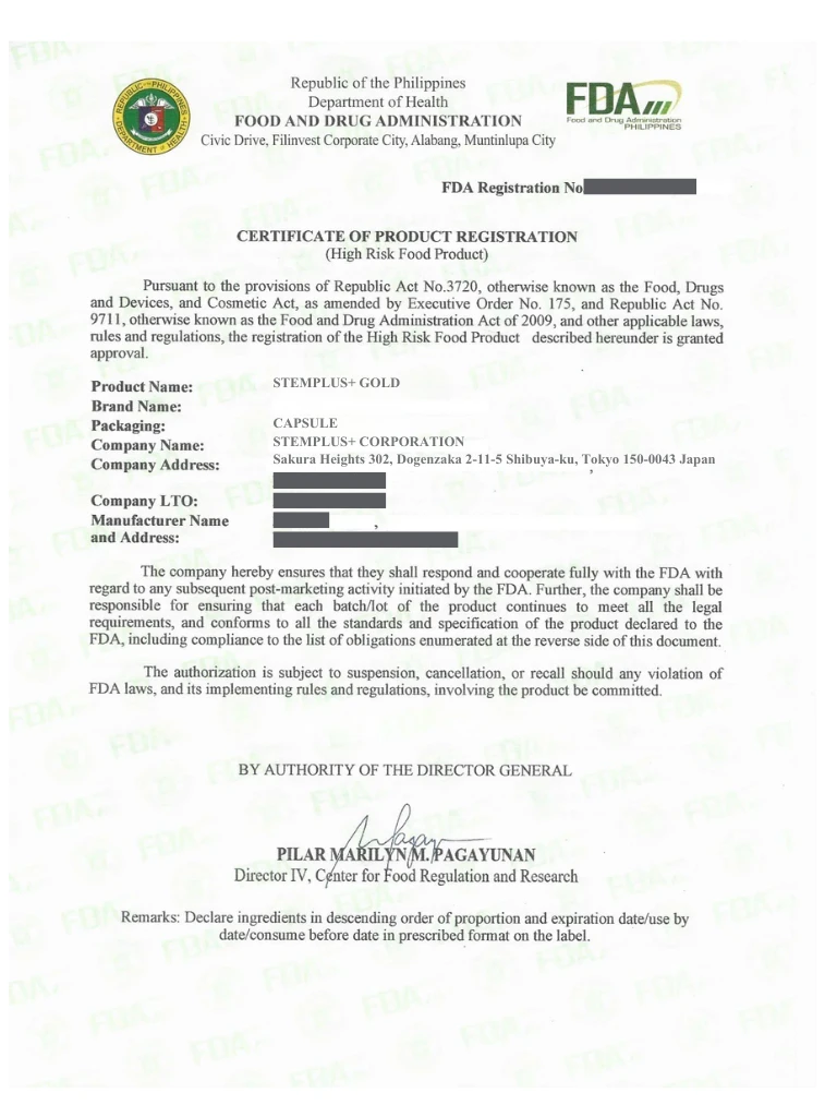 FDA Certificate of Product Registration for StemPlus+ Gold