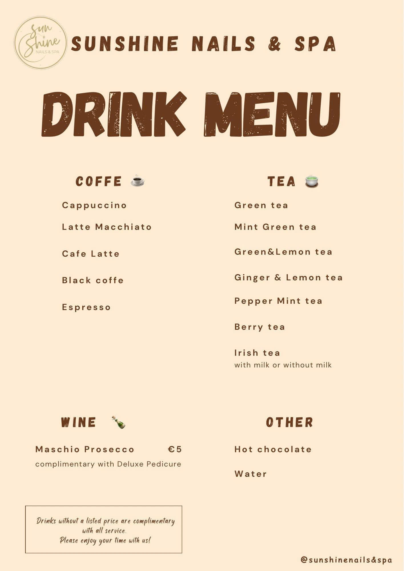 Sunshine Drinks Menu