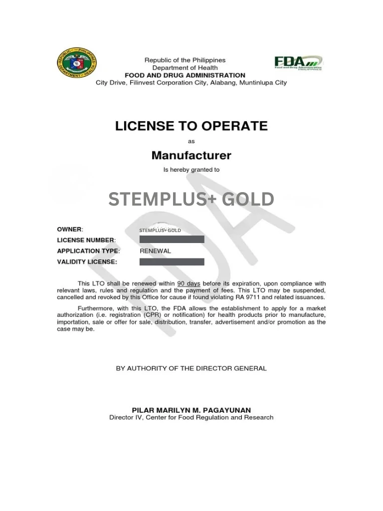 FDA License to Operate as Manufacturer for StemPlus+ Gold