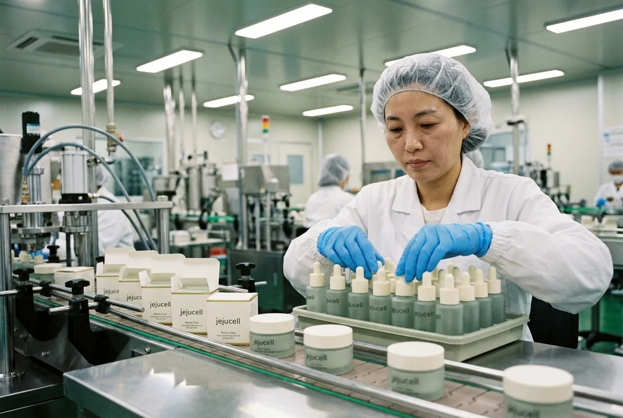 jejucell products filled and quality-checked on a Korean production line