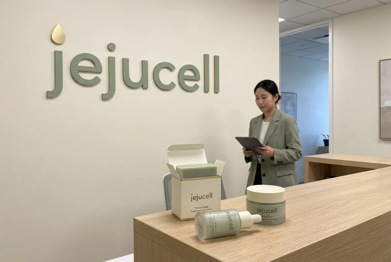 jejucell brand office with logo on the wall and products on the desk