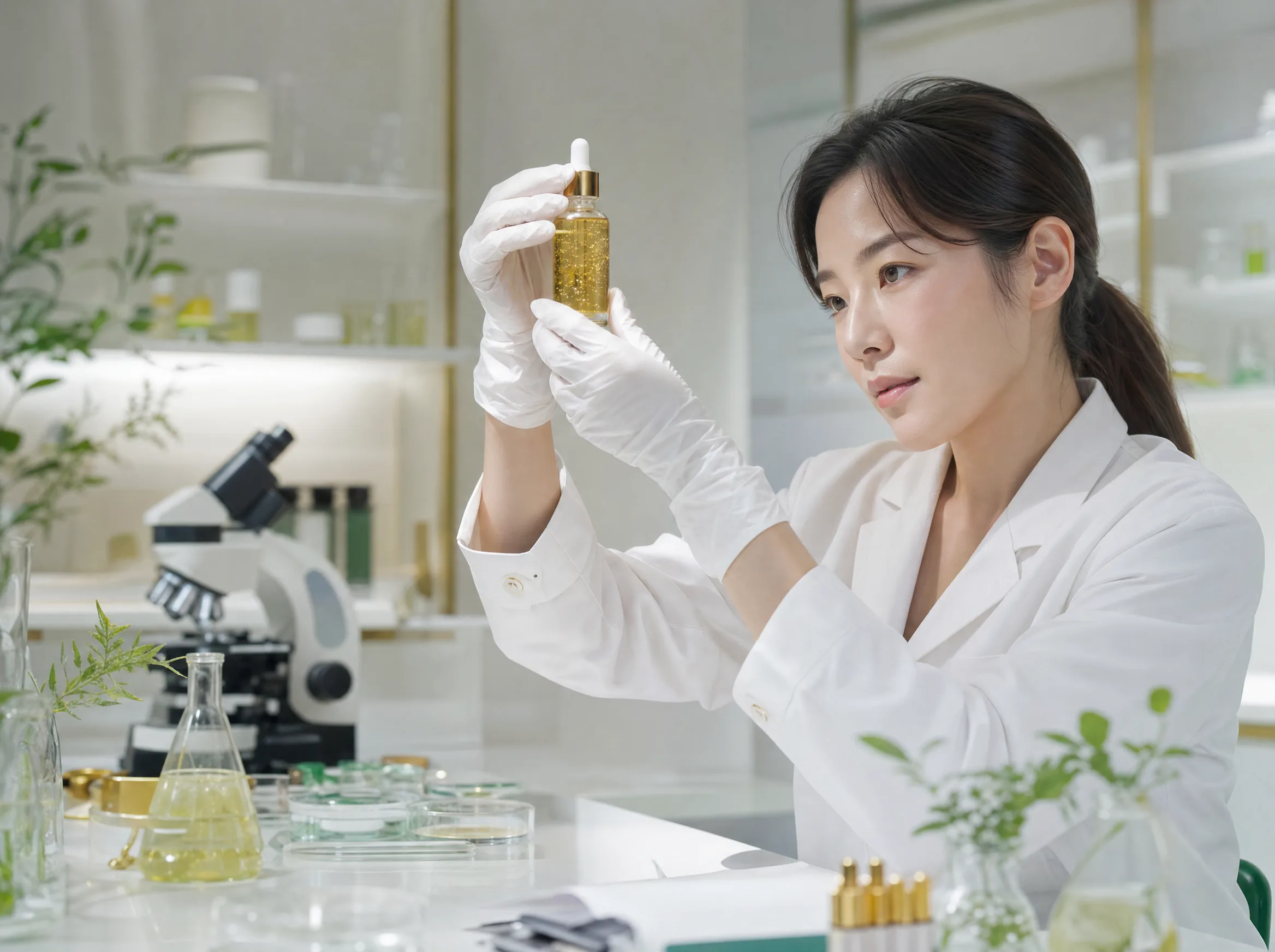 Korean lab technician inspecting the jejucell stem-cell exosome serum