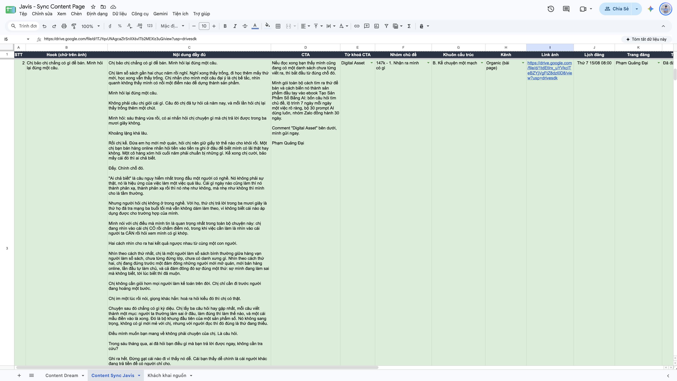 Bảng vận hành content dựng trên Google Sheets, lưu toàn bộ bài theo lịch đăng
