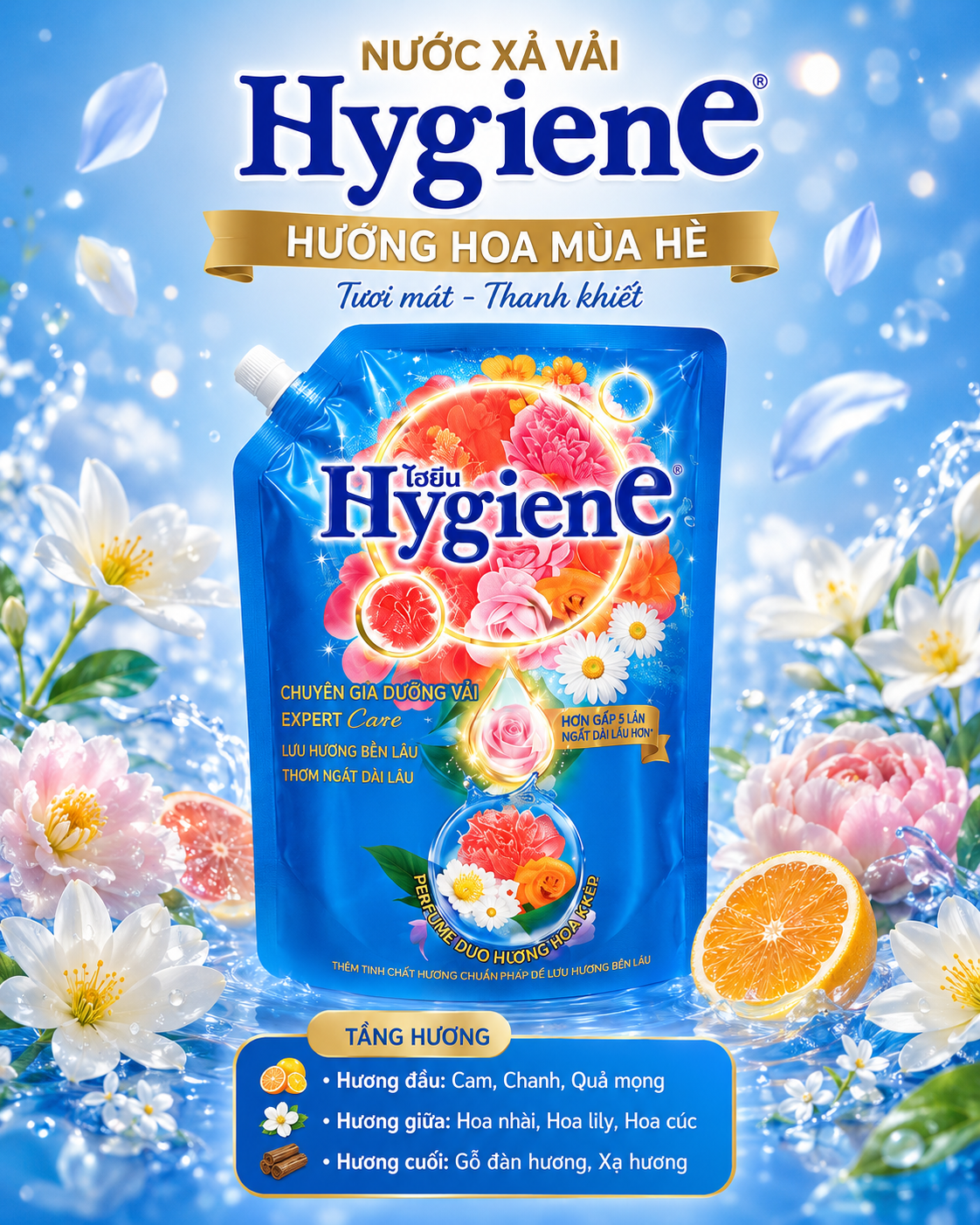 Nước xả Hygiene hương hoa mùa hè túi xanh