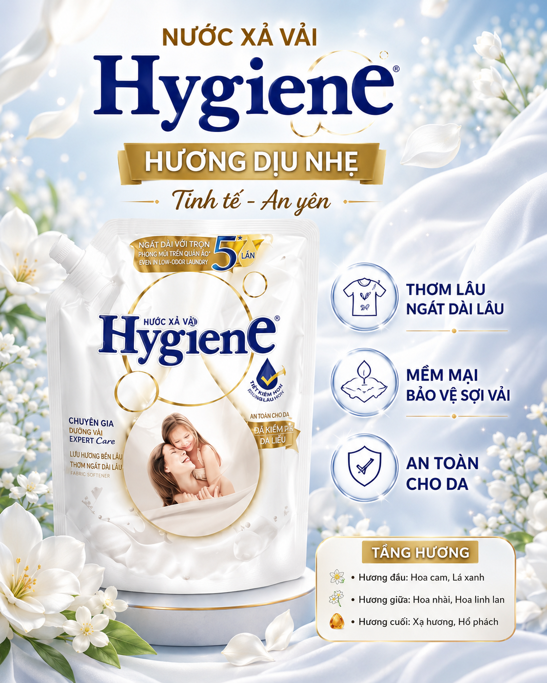 Nước xả Hygiene hương dịu nhẹ túi trắng