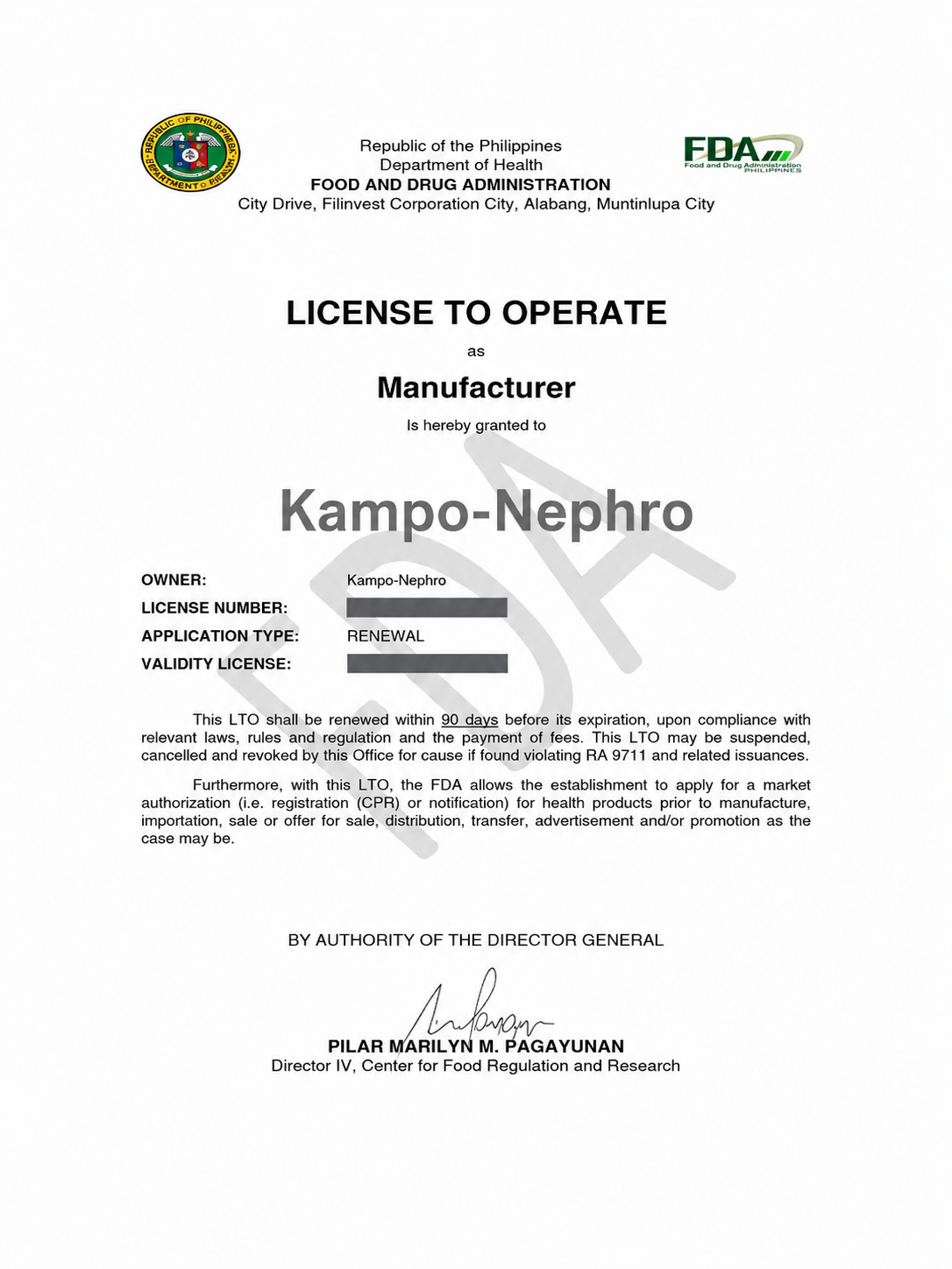 Kampo Nephro FDA License to Operate