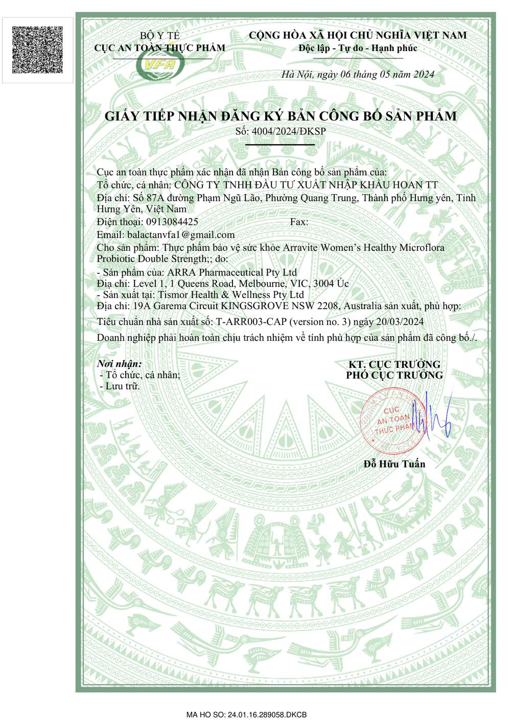Giấy tiếp nhận đăng ký bản công bố sản phẩm số 4004/2024/ĐKSP