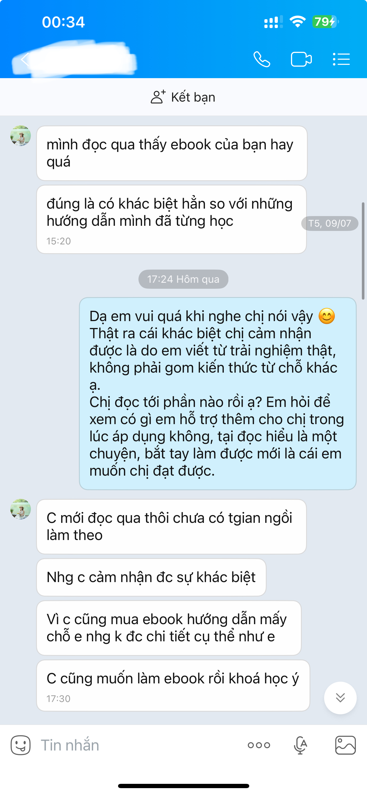 Tin nhắn khách hàng phản hồi sau khi dùng ebook