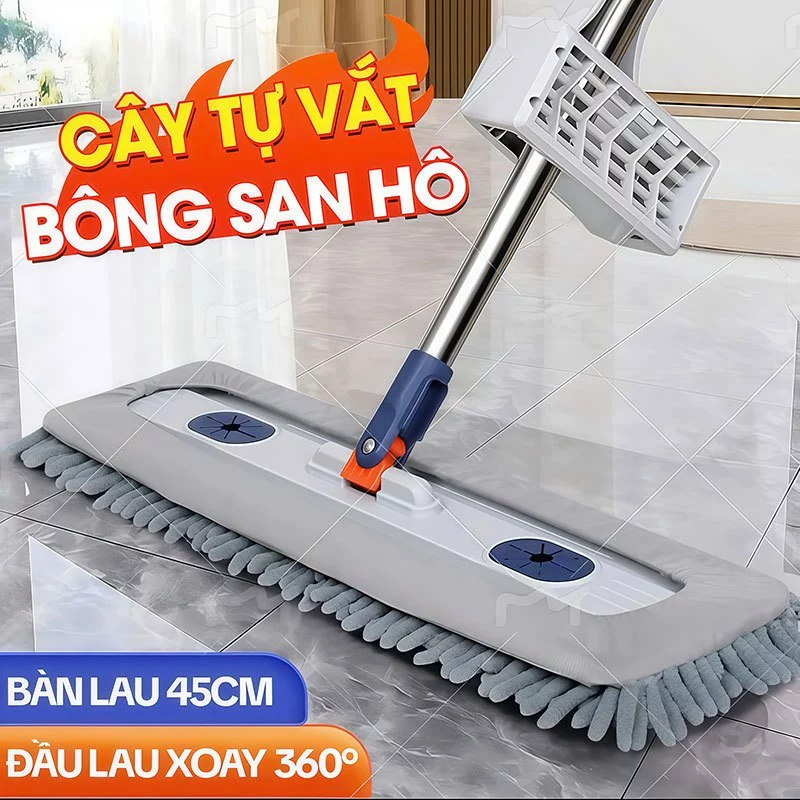Cây lau nhà tự vắt bông san hô với bàn lau ngang trên sàn gạch