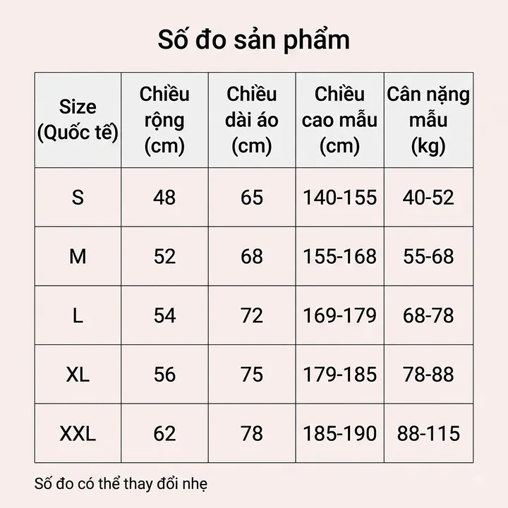 Bảng size sản phẩm S, M, L, XL và XXL