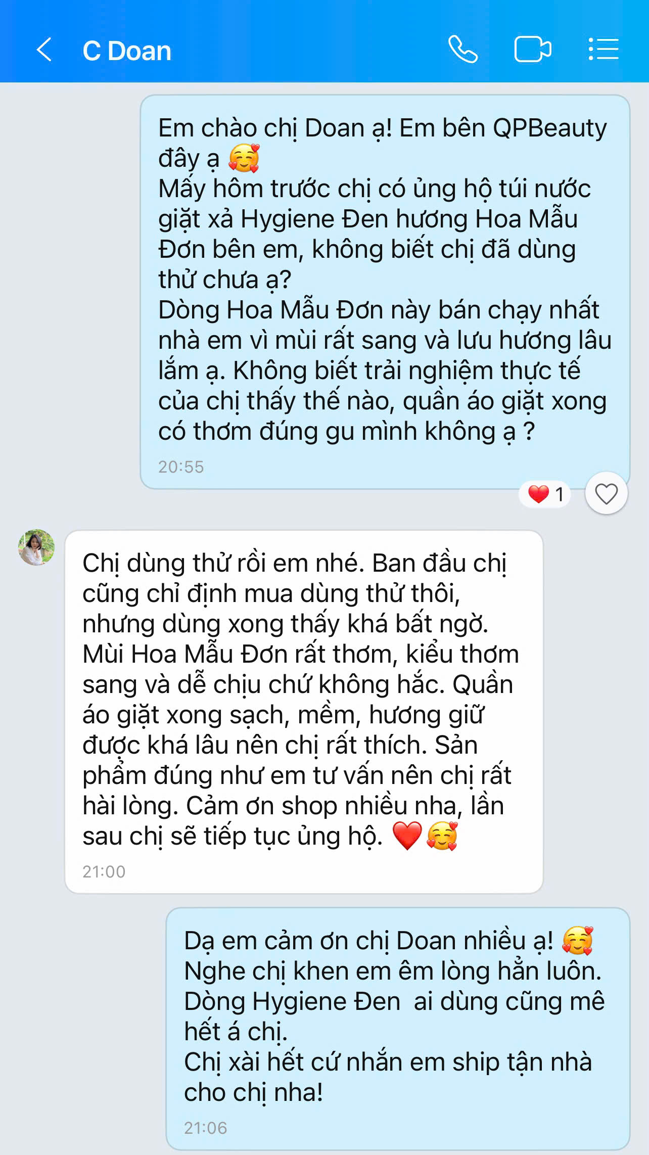 Ảnh chụp tin nhắn feedback khách QPBeauty - chị Doan