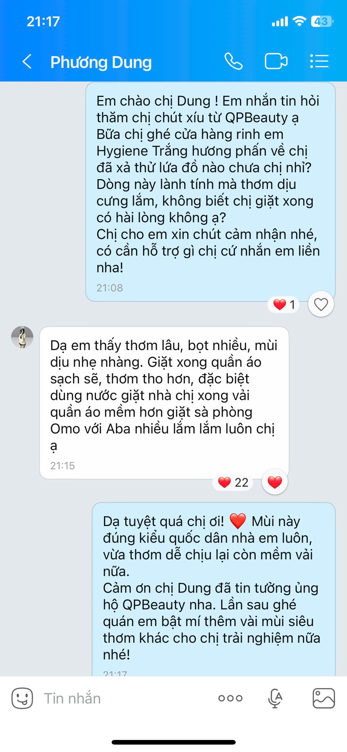 Ảnh chụp tin nhắn feedback khách QPBeauty - chị Phương Dung