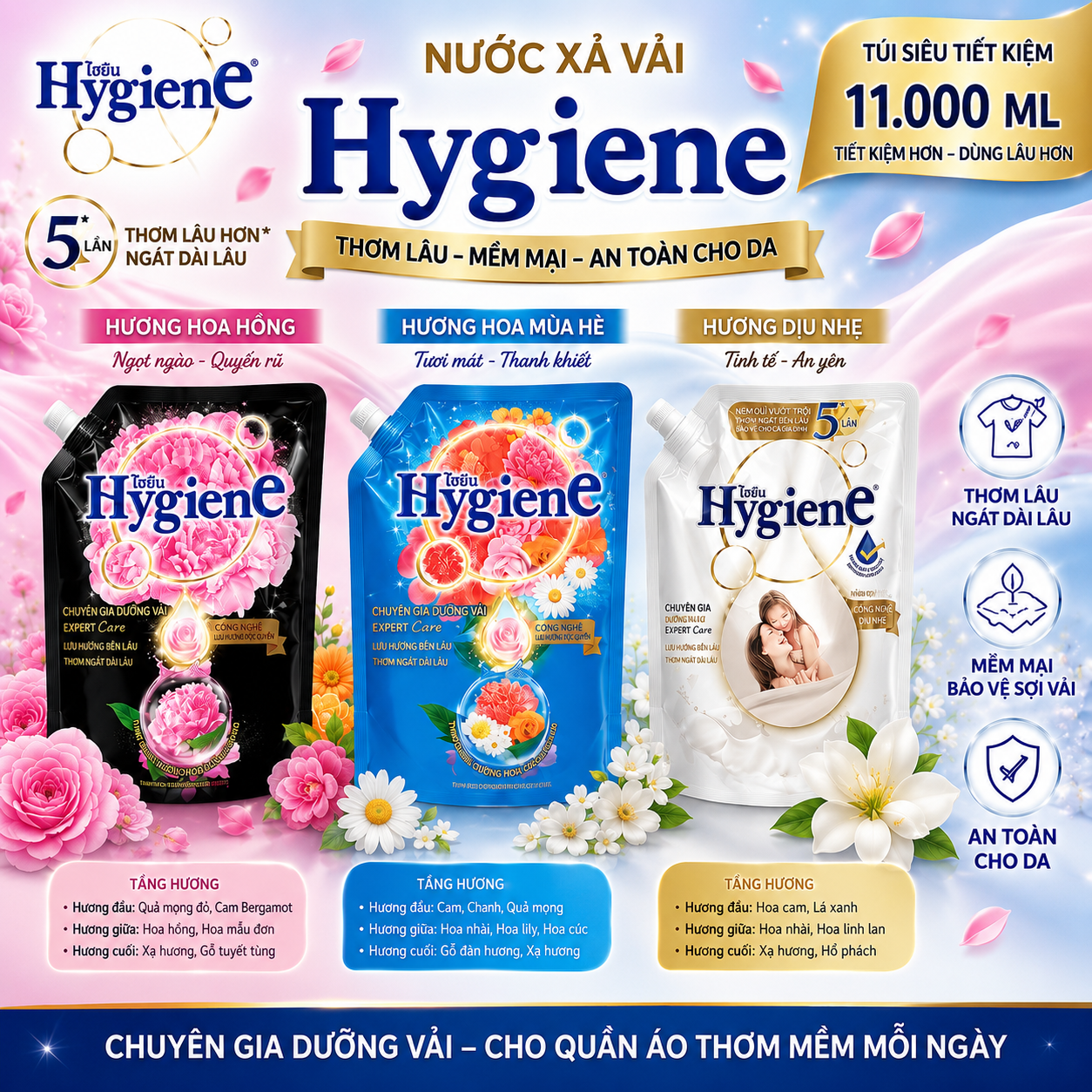 Bộ 3 hương nước xả Hygiene: hoa hồng, hoa mùa hè, dịu nhẹ
