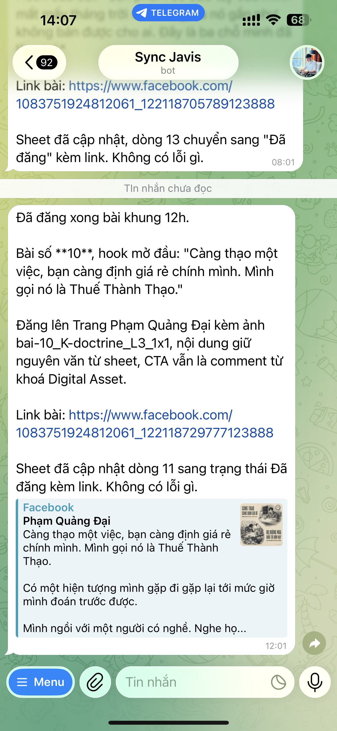 Thông báo đăng bài thành công gửi về Telegram, kèm việc tự cập nhật trạng thái trên Google Sheets