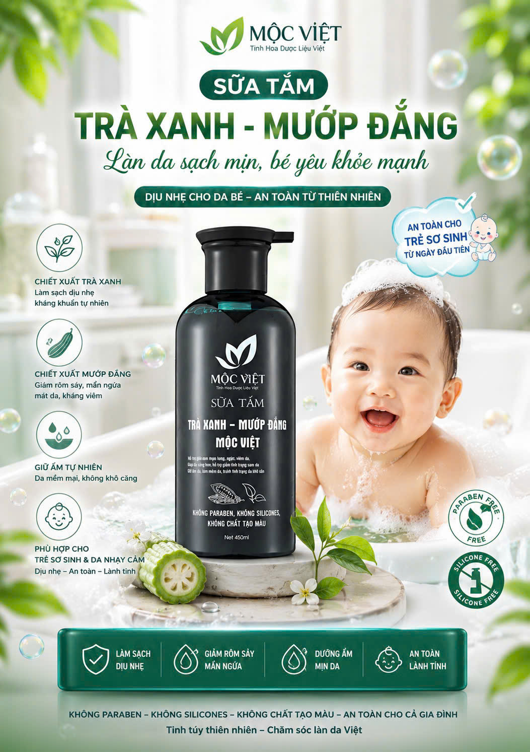 Ưu điểm sữa tắm Trà Xanh Mướp Đắng Mộc Việt