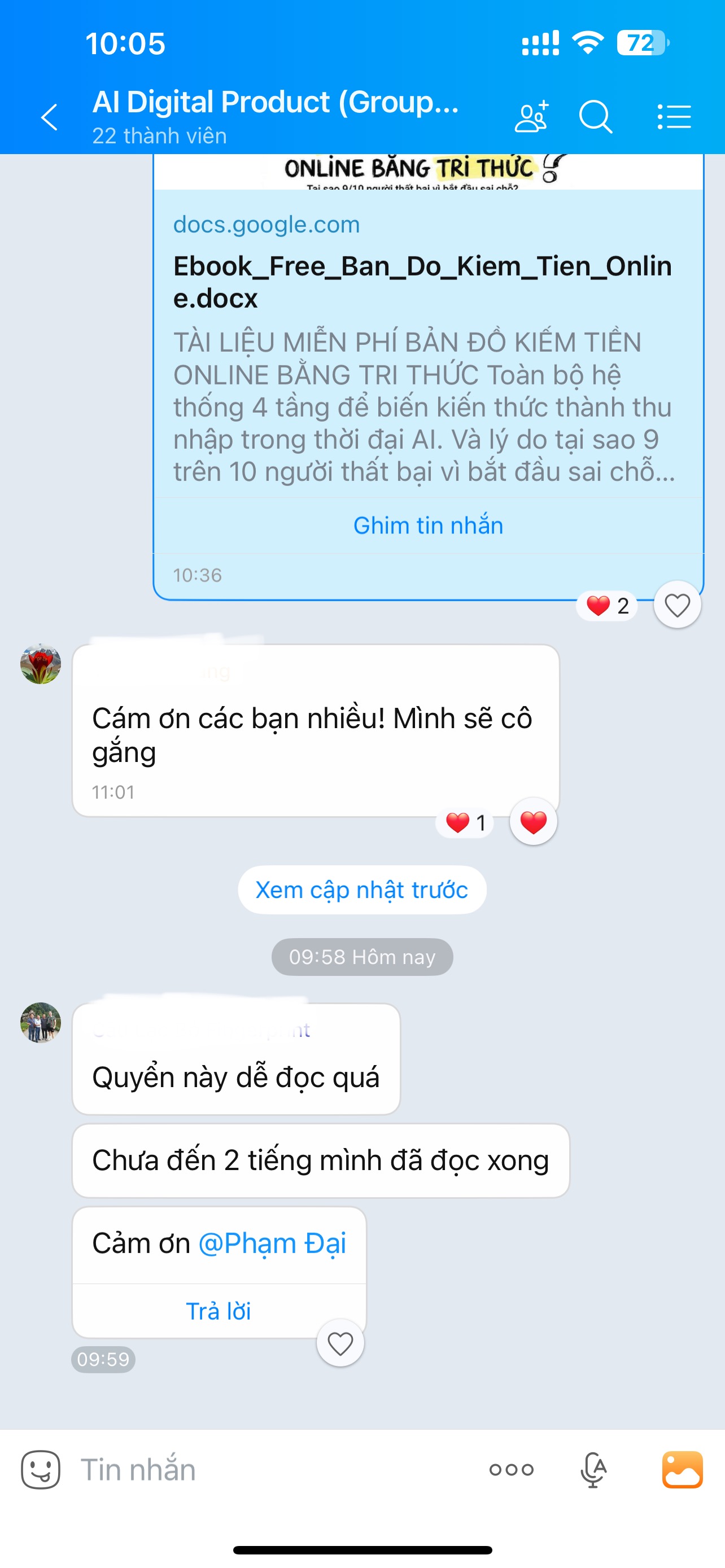 Tin nhắn khách hàng phản hồi sau khi dùng ebook