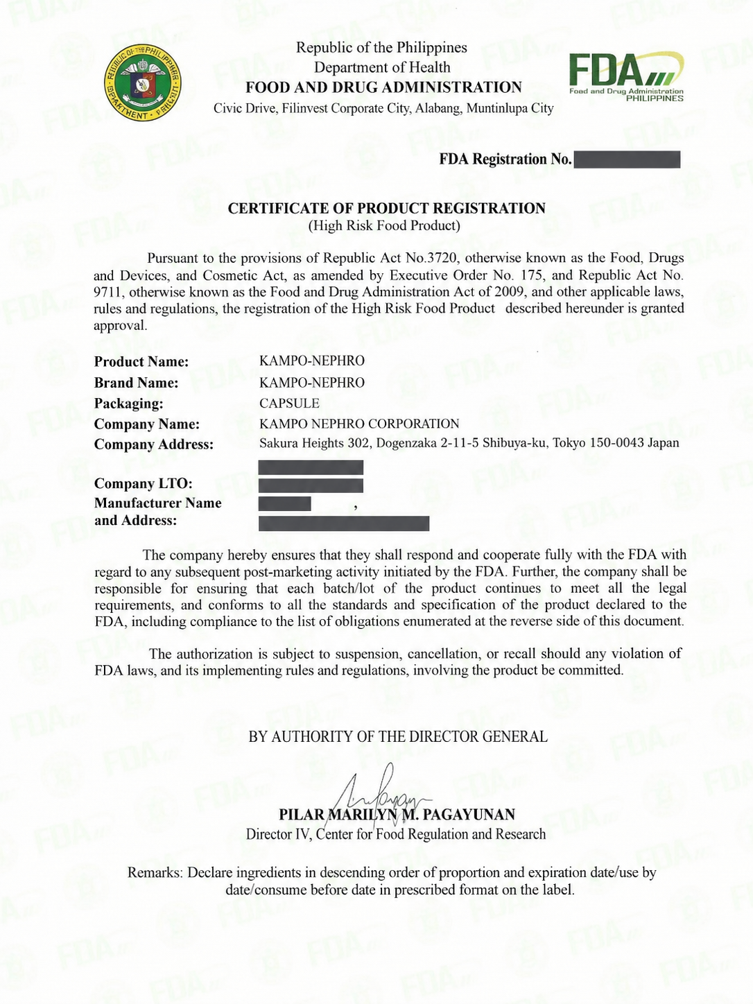 Kampo Nephro FDA Certificate of Product Registration