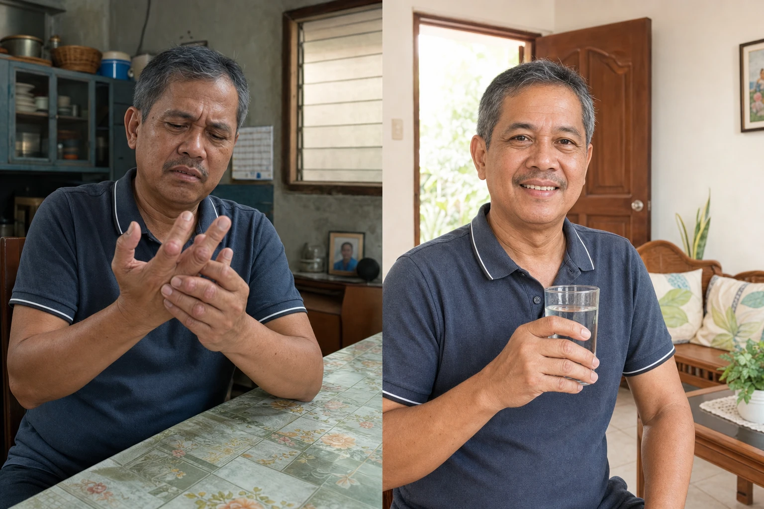 Uric acid lumps (tophi) on the finger joints before and after