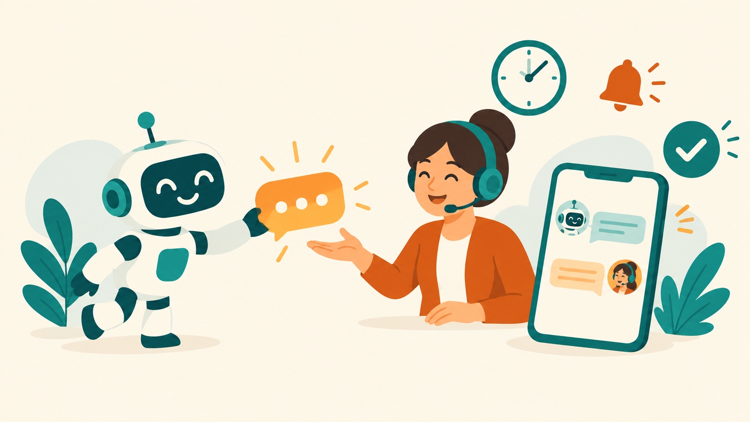 Illustration of a friendly robot passing a chat bubble to a smiling support agent with a headset, a smartphone showing the conversation, a clock, a bell and a checkmark