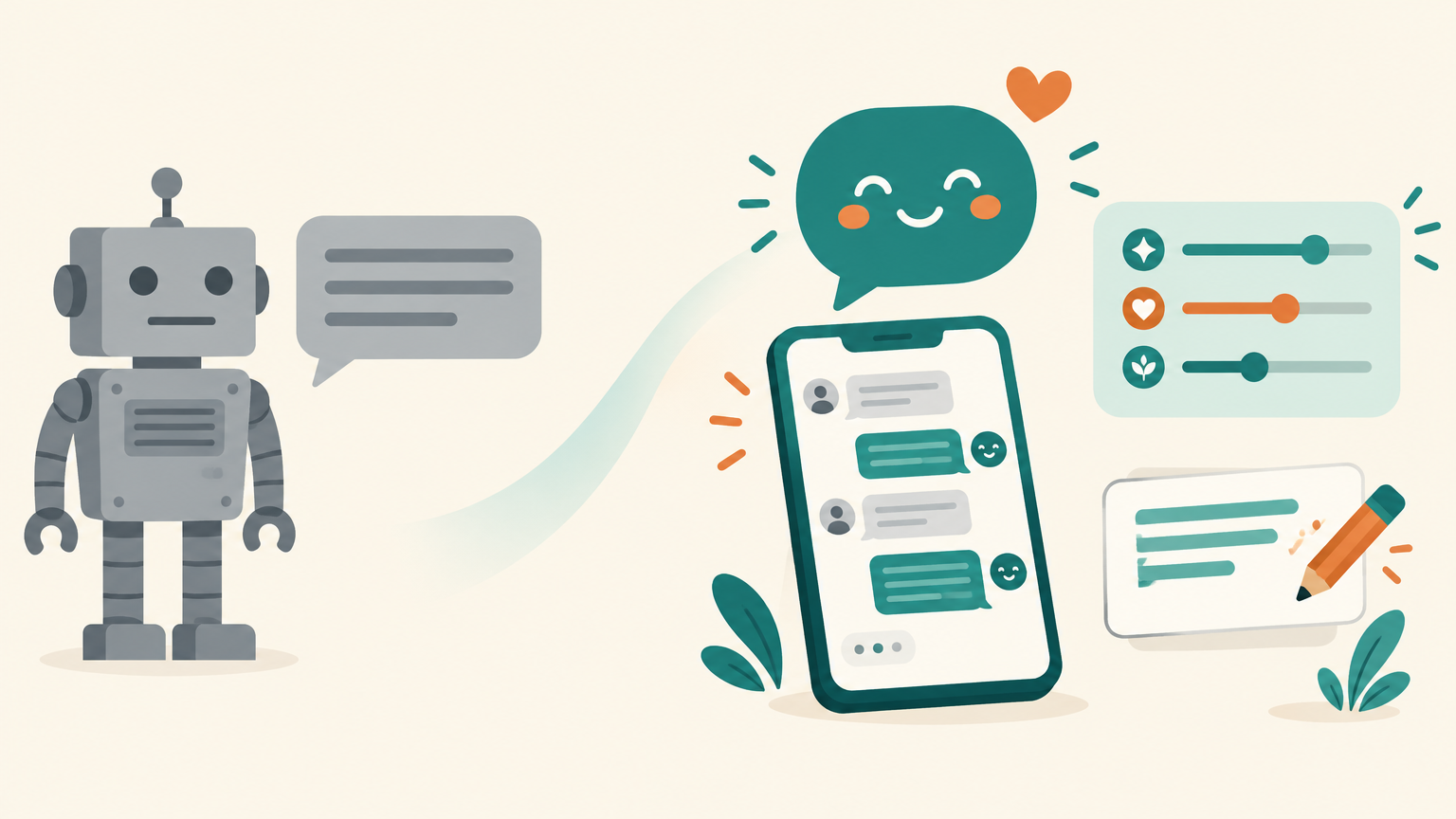 Illustration of a stiff grey robot with a plain speech bubble next to a smiling teal chat bubble, a smartphone with a natural conversation, tone sliders and a pencil editing a reply