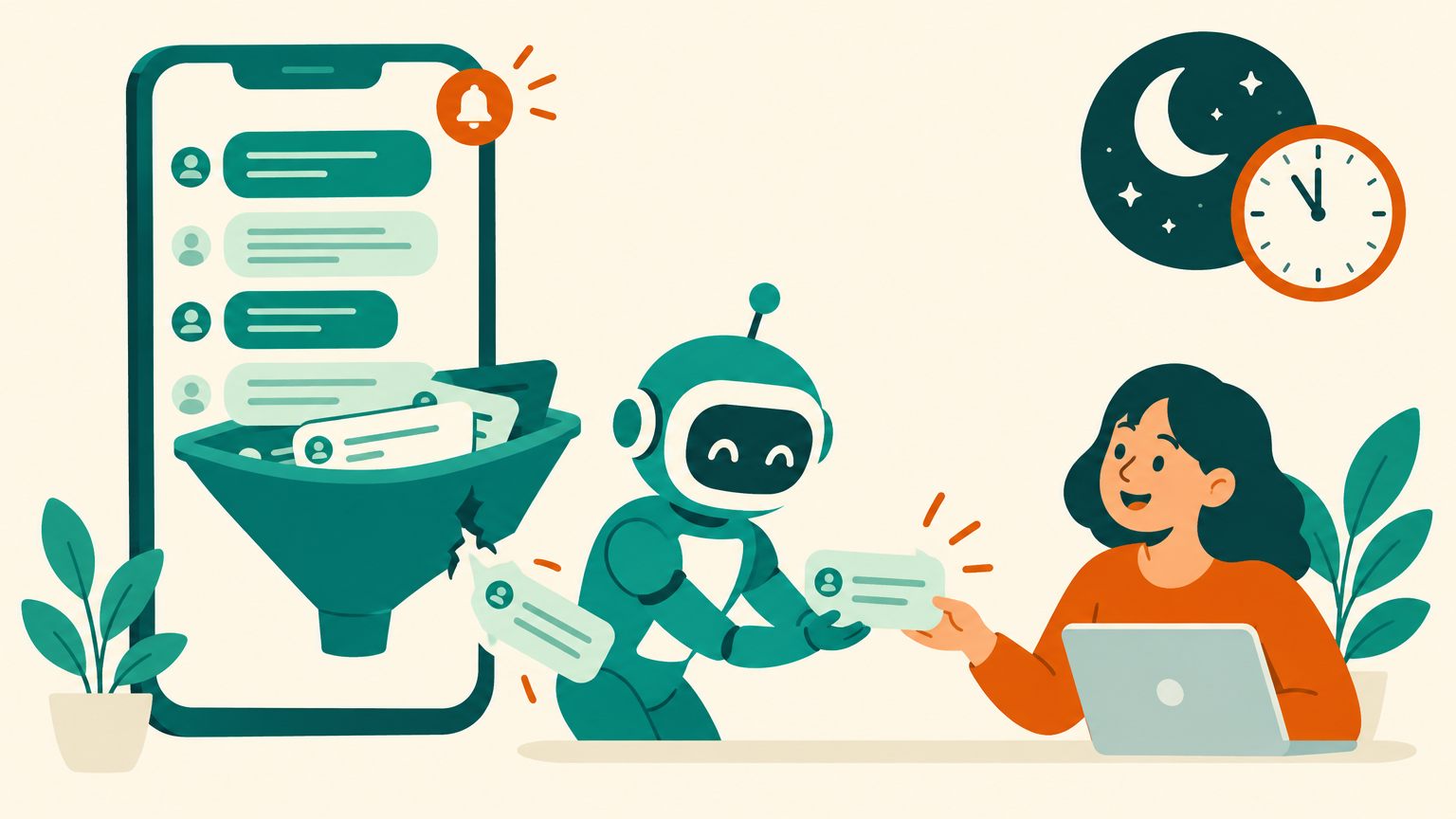 Illustration of a phone inbox shaped like a leaking funnel at night, with a friendly robot assistant catching a falling message and handing it to a smiling team member at a laptop