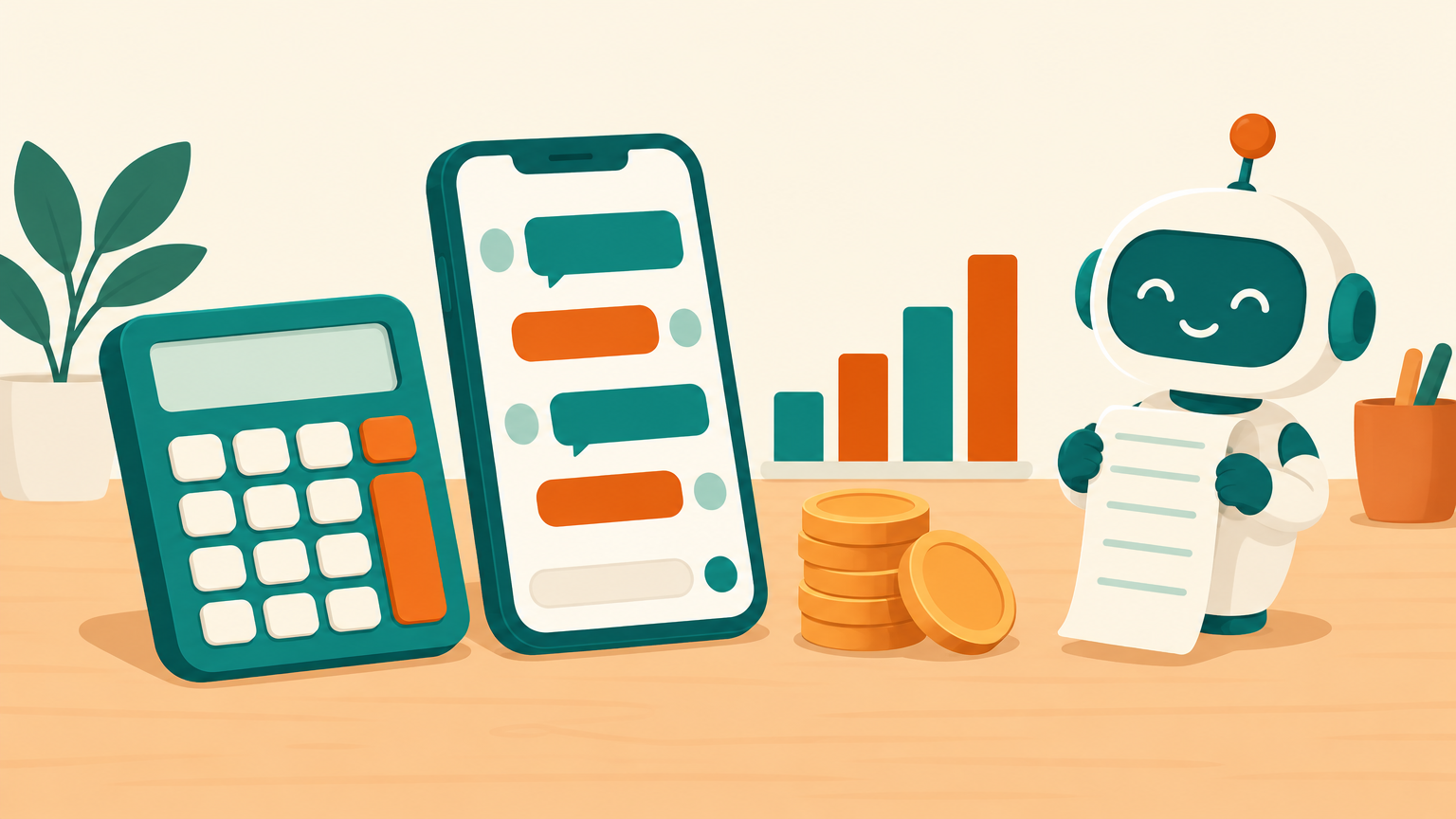 Illustration of a teal calculator, a smartphone with chat bubbles, a stack of coins, a rising bar chart and a friendly robot holding a receipt on a desk