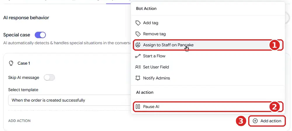 Botcake AI Add action menu with Bot Action options including Add tag, Assign to Staff on Pancake, Start a Flow and Notify Admins, and the AI action Pause AI
