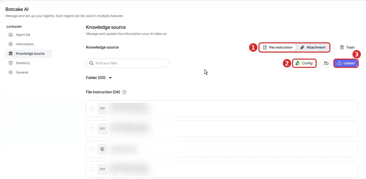 Botcake AI Knowledge source page with File instruction and Attachment tabs, a Config button for Google Drive and an Upload button